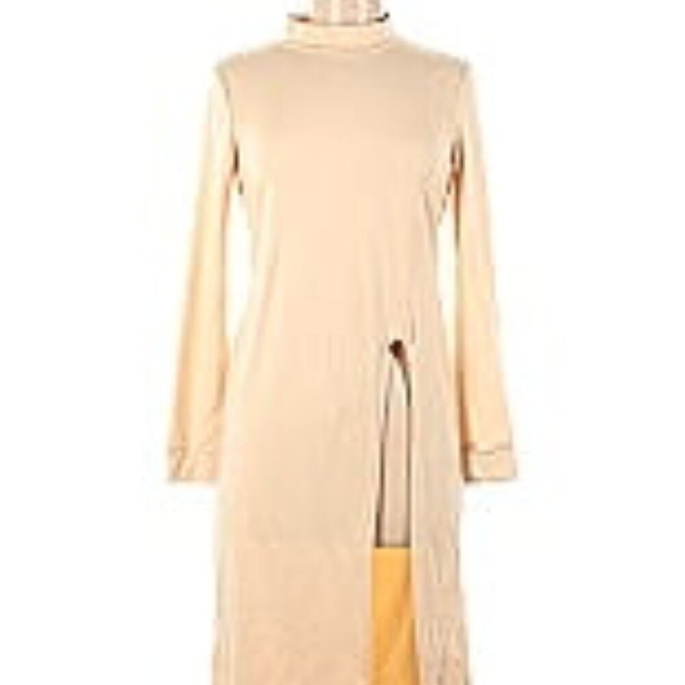 Unbranded Long Sleeve Mock Neck Tan Dress with High Slit | Size M